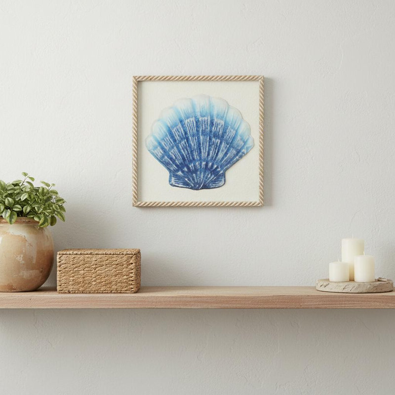 Bleu et blanc, coquille de mer en métal vieilli, cadre brun