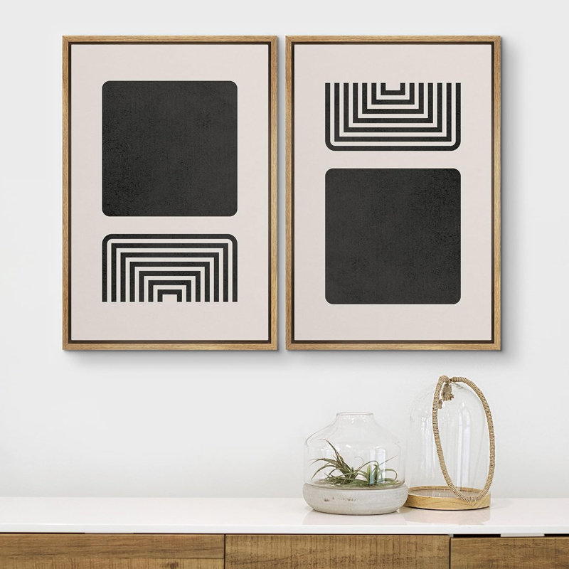 Geometric Line Mid Century Spiral & Solid Square Block Polygons Abstract Modern Minimalist On Canvas 2 Pieces Print
