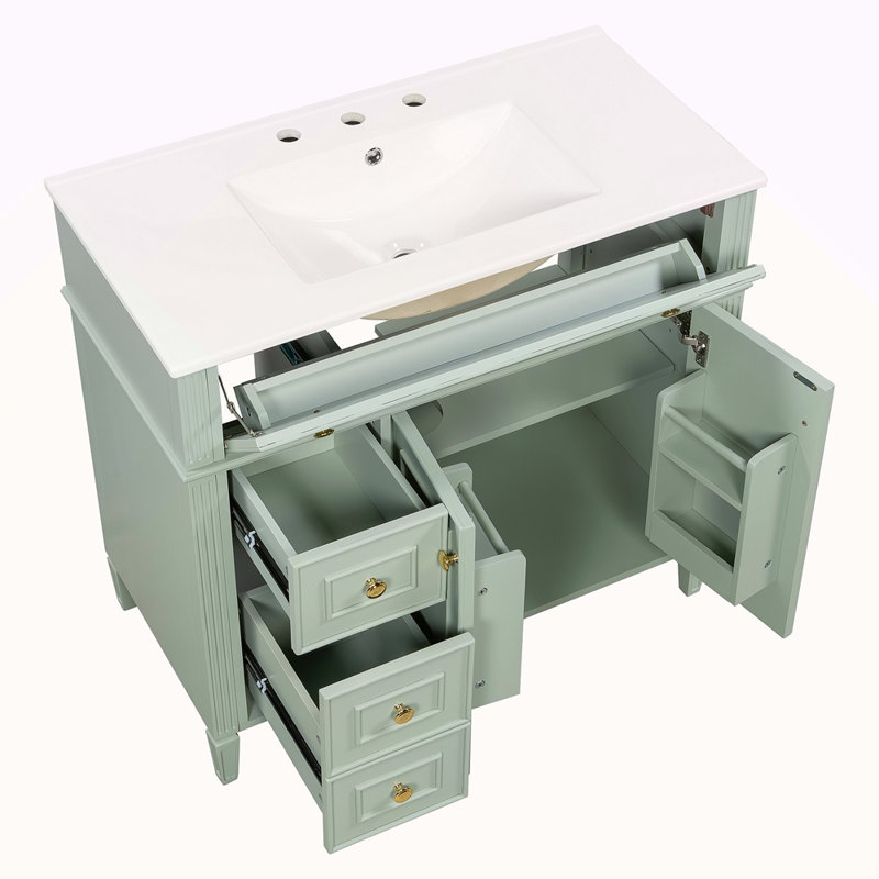Meuble-lavabo de 36 po avec lavabo, armoire en bois massif vert avec tiroir rabattable, 3 tiroirs et 2 portes à fermeture en douceur, poignées dorées et design moderne