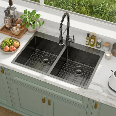 33" L x 22" W Drop-in Double Bowl 50/50 Kitchen Sink Gunmetal Black 16 Gauge Stainless Steel Sink