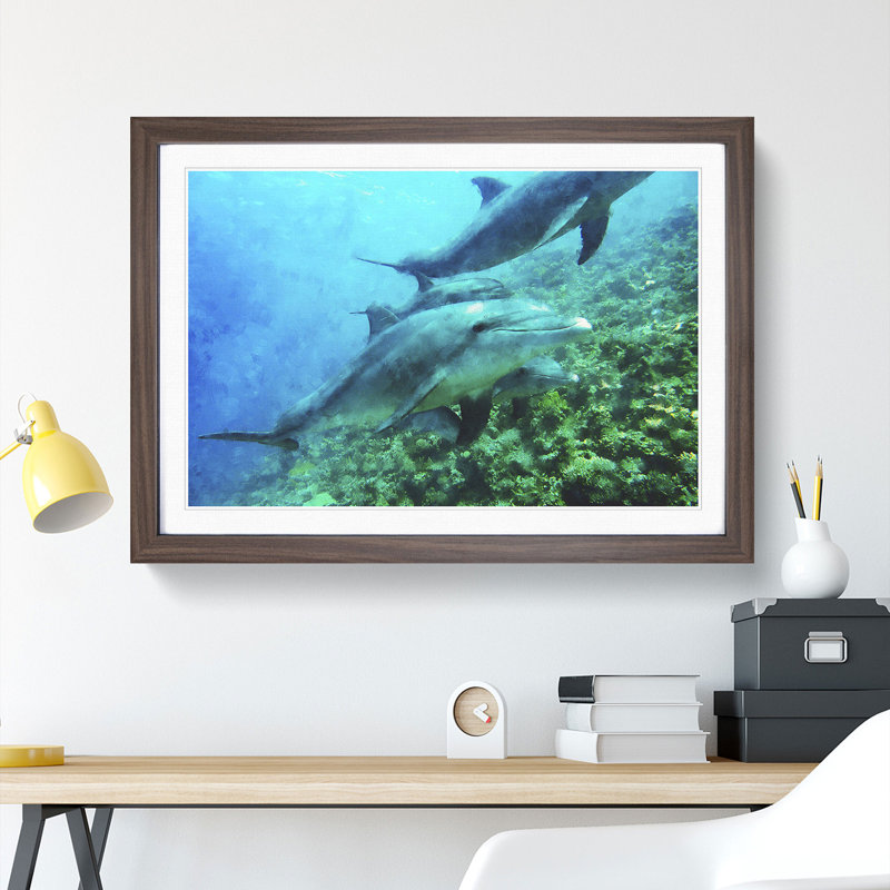 Dolphins - Picture Frame Painting, 36cm H x 48cm W x 2cm D, Walnut Framed