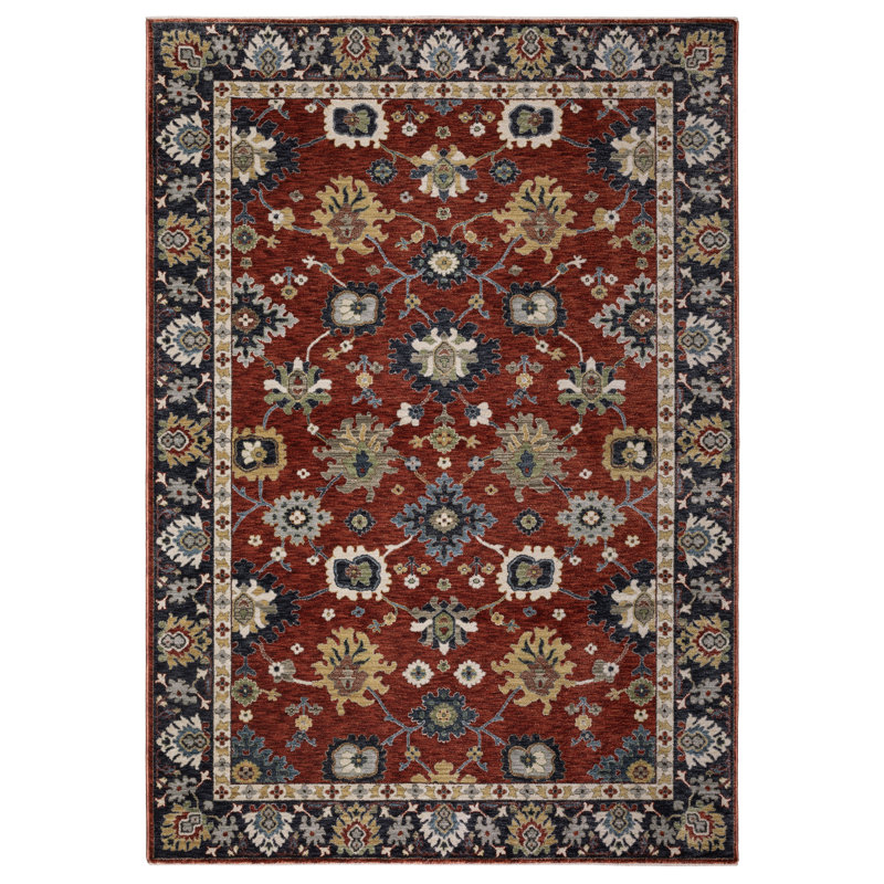 Caia Traditional Floral Rust Red/ Blue Area Rug, Rectangle 3'3" x 5'