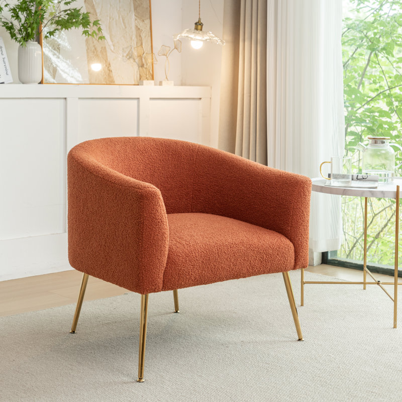 Fauteuil demi-tonneau Jameila, Fausse fourrure orange, Doré, 1