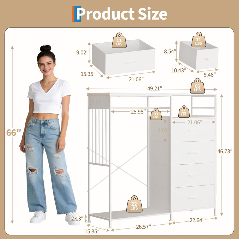 6-Drawer Fabric Dresser – Reversible Chest with Hanging Rack, LED Lights & Charging Station, Open Wardrobe Storage for Bedroom, Kids or Girls Room (White)