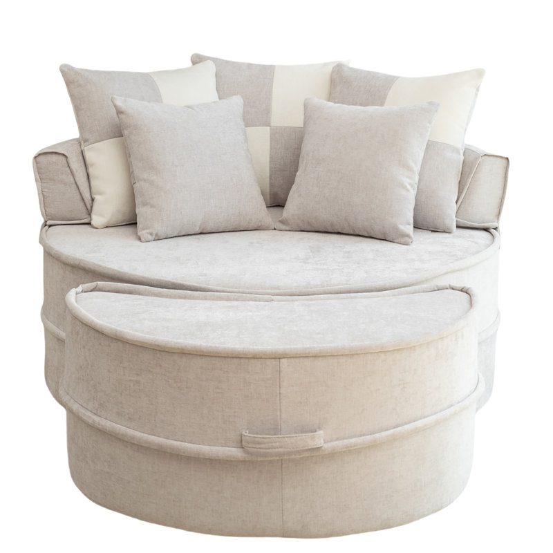 47.6" Chenille Oversized Round Bucket Chair With 5 Pillows By Ottoman, Gray