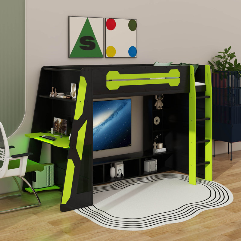Twin Size Wood Loft Bed With Desk,And RGB Light, Green