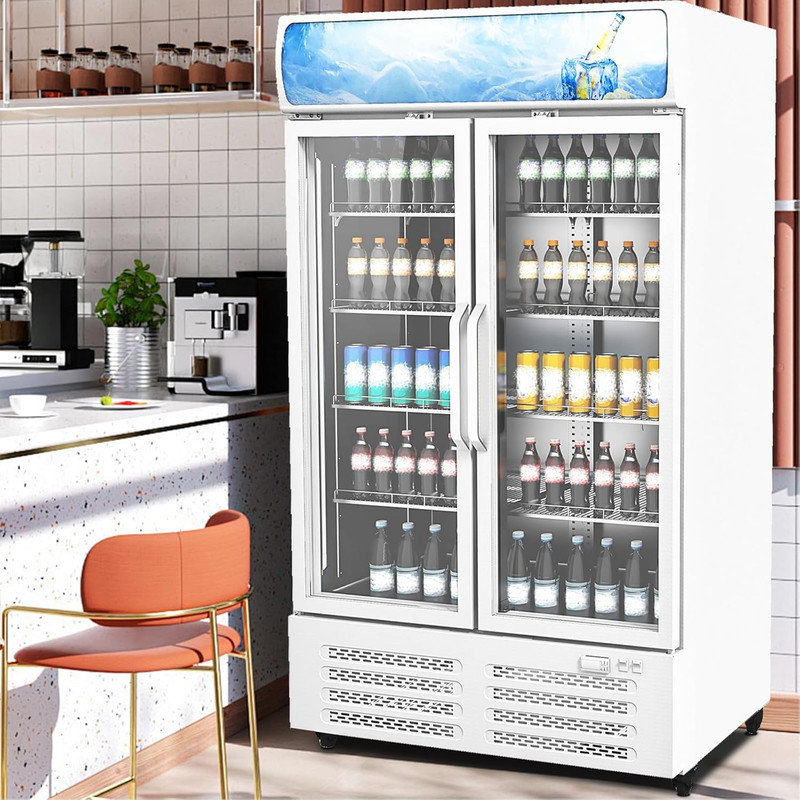26 Cu Ft Commercial Refrigerator, 2 Glass Door Display Fridge with LED Lighting for Restaurants, Grocery Stores, White