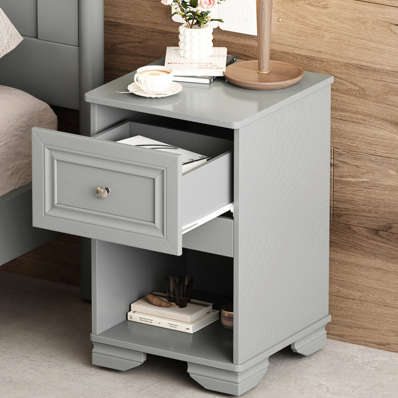 Table de chevet pour chambre à coucher, look classique et rangement pratique, gris élégant rétro, Gris