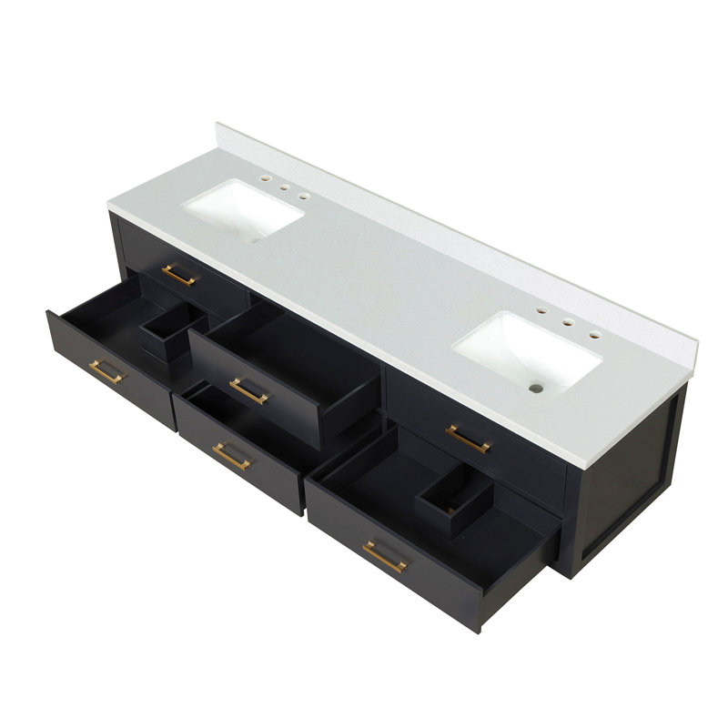 Meuble-lavabo double 84 po X P 22 po D, avec plateau en quartz blanc, 84", Noir, Doré