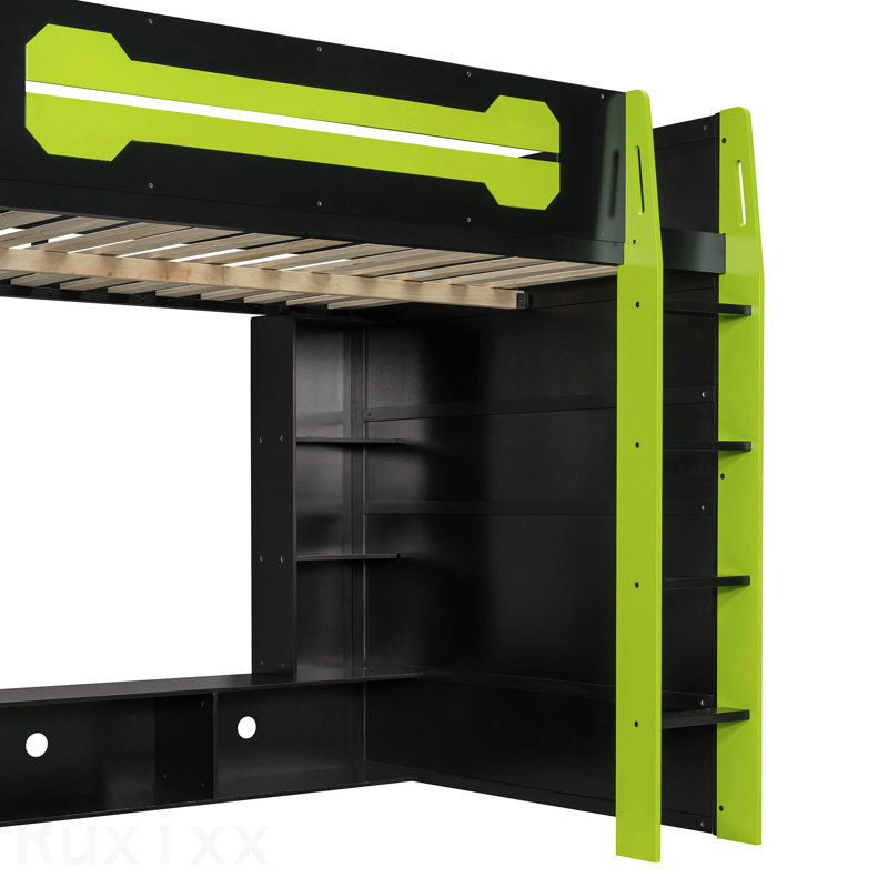 Lit mezzanine double en bois avec bureau, tablettes multiples et lumière RVB, vert, Full, Green