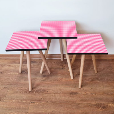 Ensemble de 3 tables gigognes modernes (rose et blanc) 13,8 po x 20,5 po x 13,8 po | 100% panneau de fibres à densité moyenne avec pieds en bois de hêtre, épaisseur: 0,7 pouce | Design à carreaux élégant, parfait pour le salon et la décoration intérieure