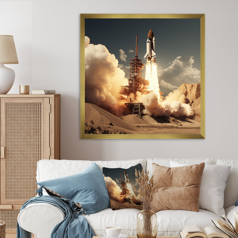 Rafale de fusée expressionniste rétro, H 16 po x l 16 po x P 1 po, Cadre doré simple