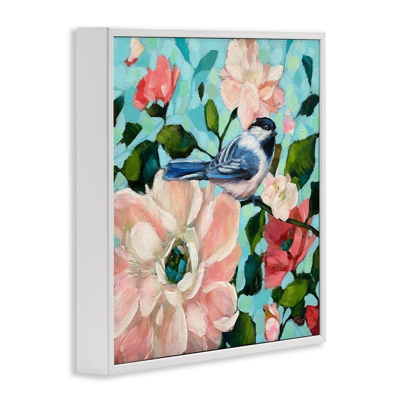 Oiseau bleu et fleurs audacieuses, art giclée par Raquel Roth, H 24 po x l 24 po, Giclée encadrée blanc bord de mer