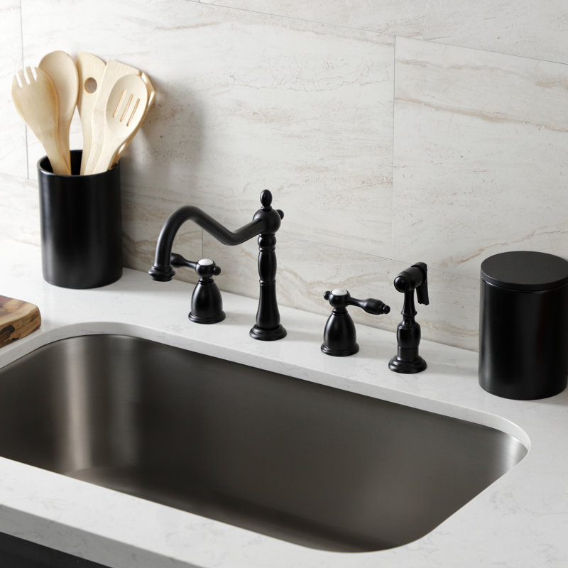 Kingston Brass Tudor Double-Handle Widespread Kitchen Faucet, With Spray, Matte Black