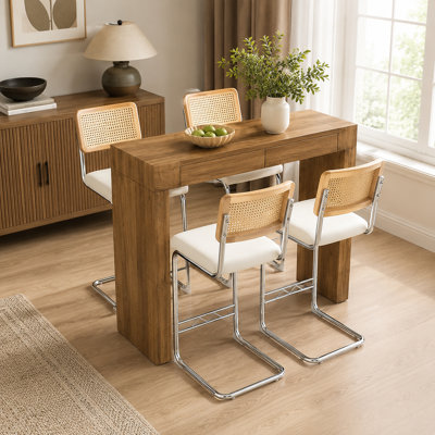 Ensemble de 4 chaises de bar en cuir de polyuréthane, combinées à une table de bar à grain de bois, avec fonction de rangement, convenant aux restaurants et aux cafés (bois)