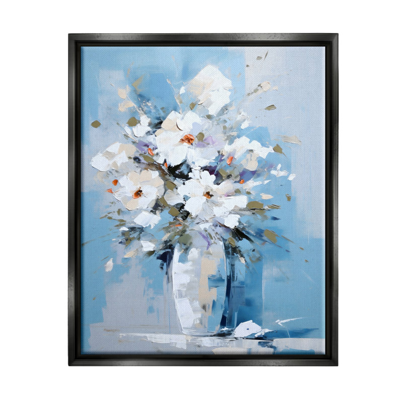 Bouquet blanc et bleu par Ray Powers, H 31 po x l 25 po x P 1,7 po, Cadre flottant noir de jais