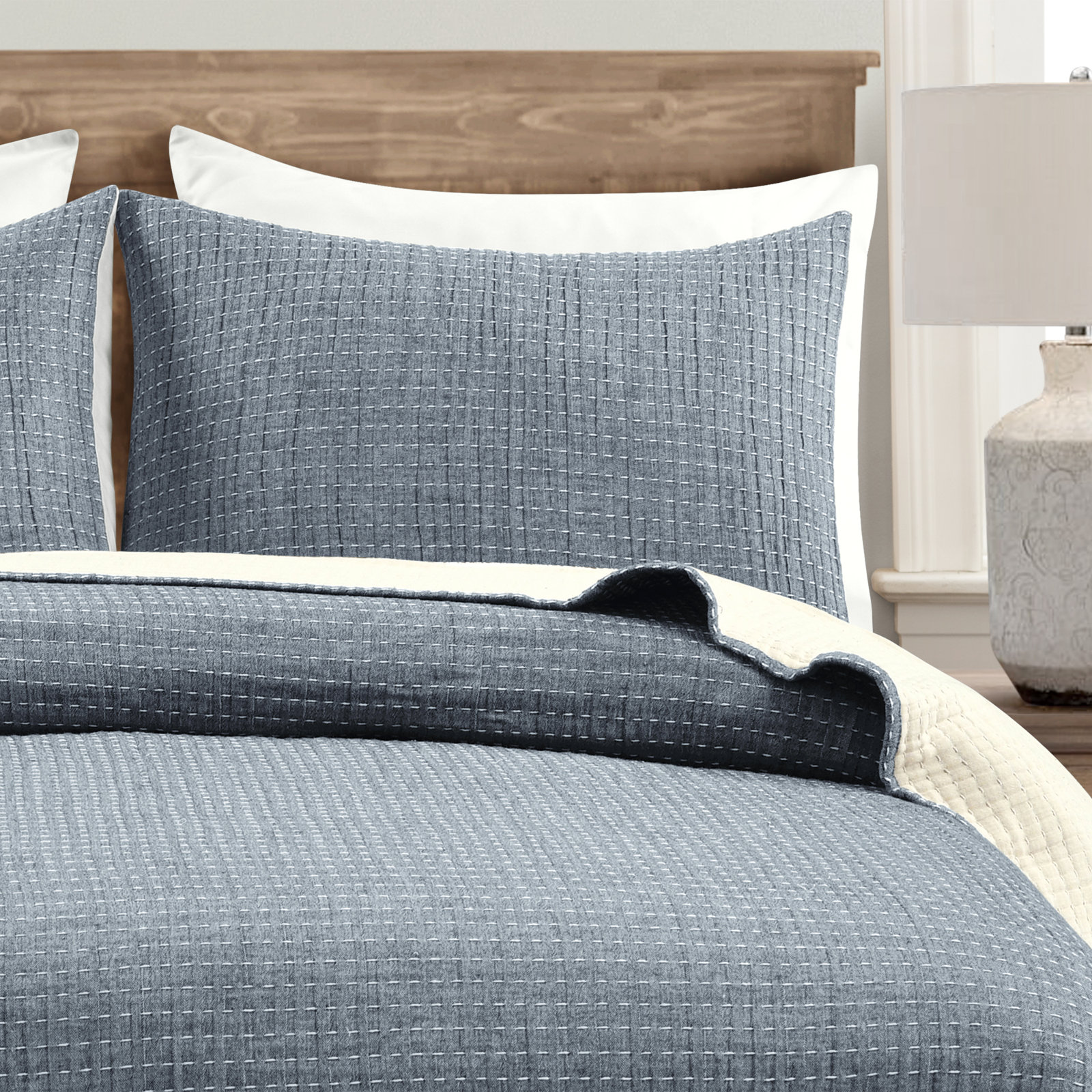 Cotton Quilt Set, Blue, King Quilt + 2 Shams 