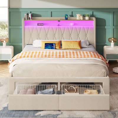Bed Frame with RGB LED Lights, Upholstered Bed with Drawers and Charging Station