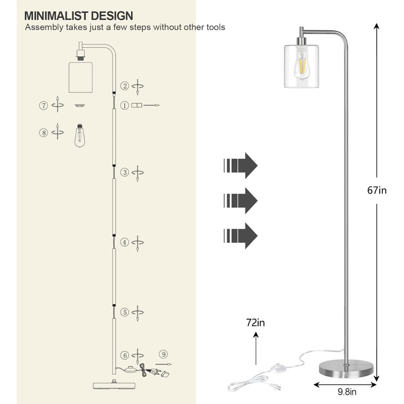 Jolando 67'' LED Arched Floor Lamp with USB, Brushed Silver
