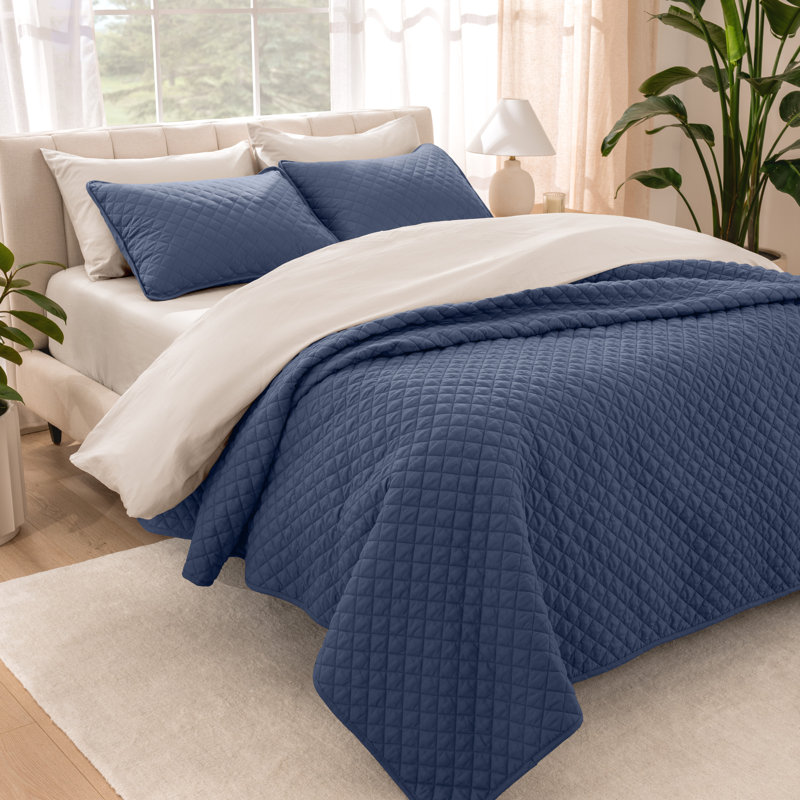 Ensemble de couvre-lit moderne et contemporain en microfibre 3 pièces , Bleu foncé