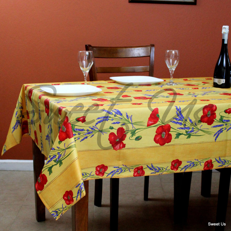 Wipeable Stain Resistant Acrylic Coated Cotton French Provencal Poppy Floral Tablecloth, 78" x 60", Yellow