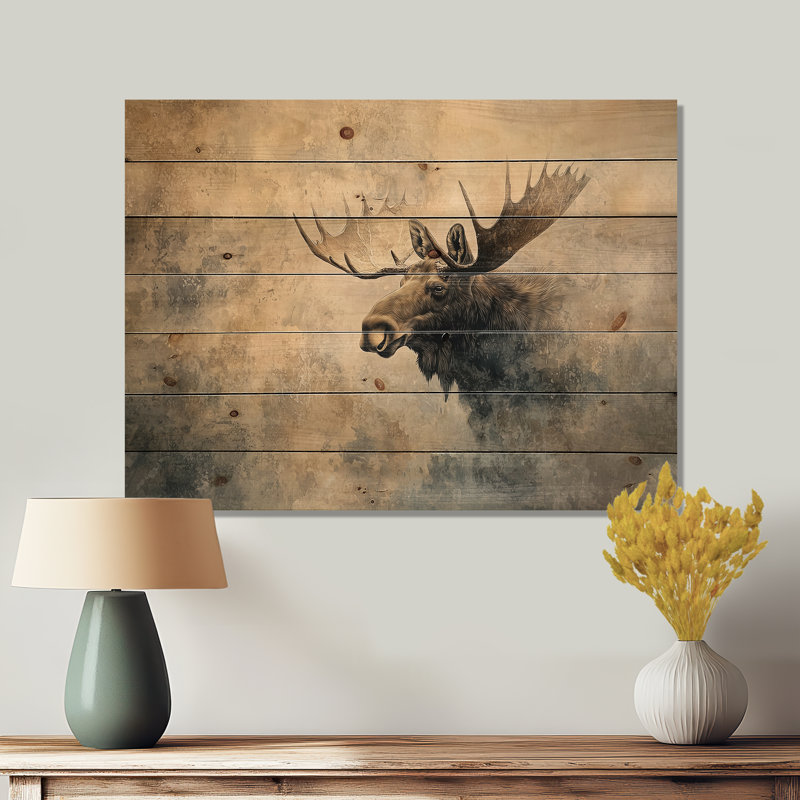 Orignal dans la brume du Canada II - Art mural en bois orignal - sur bois de pin naturel, H 10 po x l 20 po x P 0,78 po