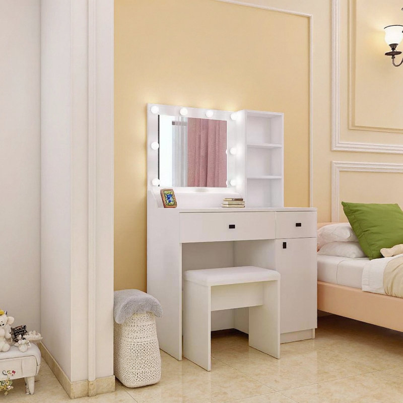 35" White Vanity – 90° Tilt Square Mirror, 3-Level LED Touch, Hidden Shelf Behind Round Mirror, 2 Deep Drawers + Cabinet, Open Cubbies