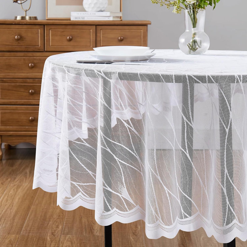 Lace Modern Round Tablecloth With Geometric Moroccan Design in 2 Colors, 90" Around, White