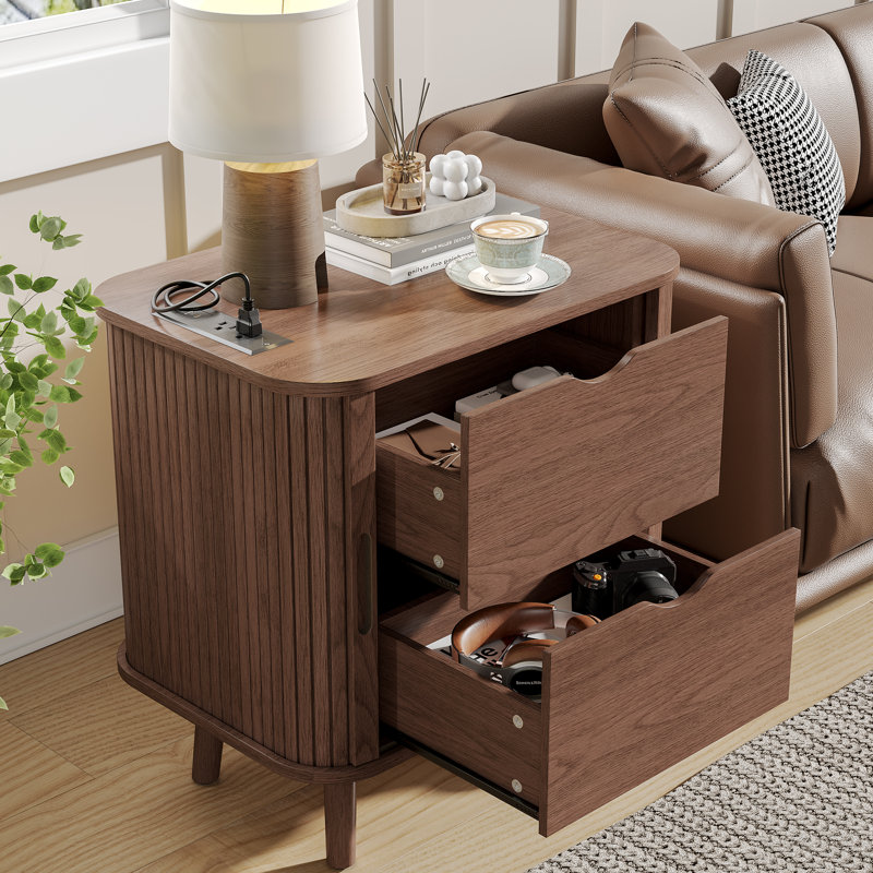 Mid century modern nightstands, 22.4"W Walnut Night Stand With Charging Station, nightstand with drawers and shelves, nightstand for bedroom, bedside table with charger station, end table for living room, wood nightstand