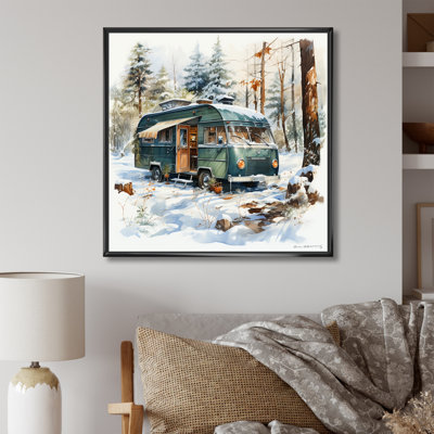 «Camping Van Charm In Winter - Camping Travel», reproduction d'art mural