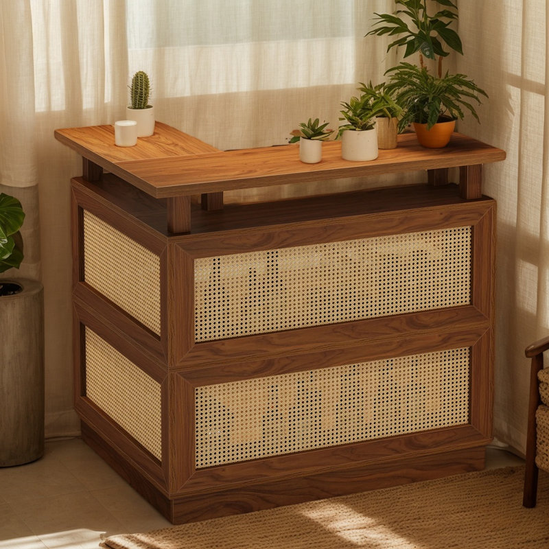 Meuble-bar de coin avec accents en rotin, armoire à boissons et table de bar pour petits espaces