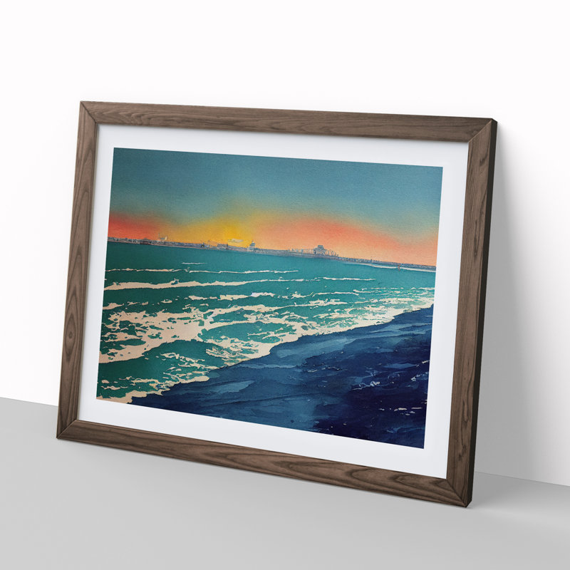 Beach In Watercolour Vol.4 - Single Picture Frame Painting, 25cm H x 34cm W x 2cm D, Walnut