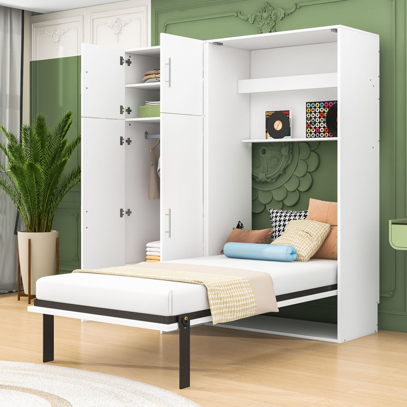 Murphy Bed with Wardrobes and Folding Mechanism, Convert into A Cabinet, White, Twin