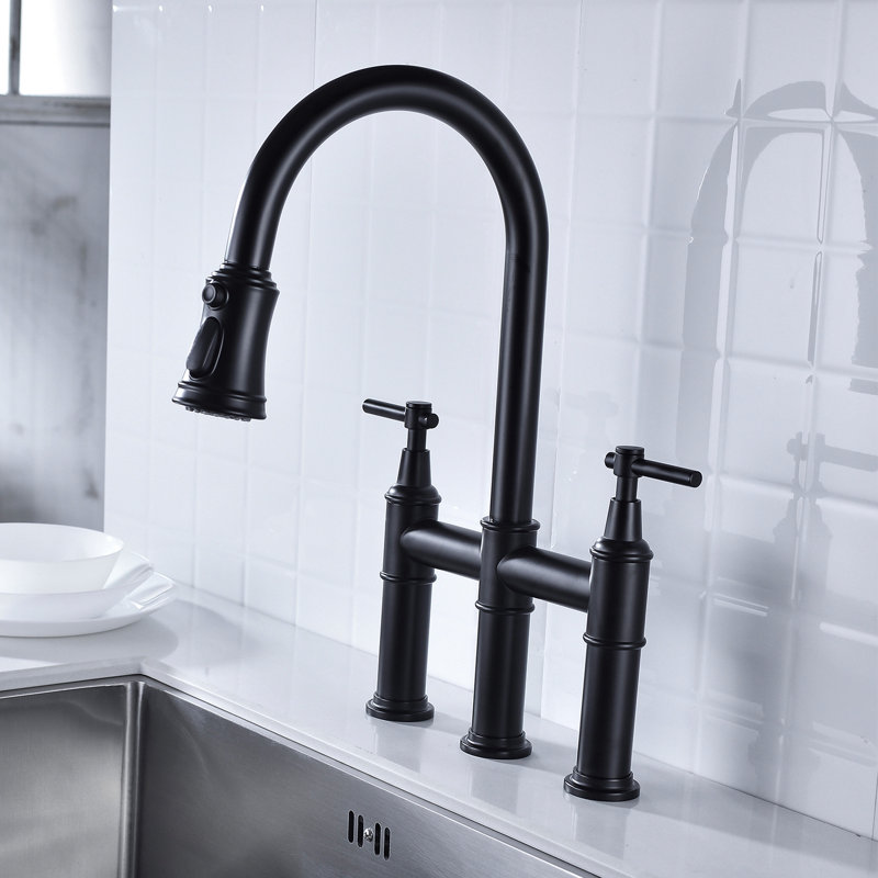 Matte Black Kitchen Faucet With Pull-Down Option - Dual Handle Switch For Accurate Water Control 360-Degree Rotatable High Nozzle Expanded Cleaning Space Brass Material Dependability Function Handles