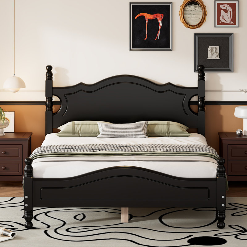 Wood Platform Bed Frame,Retro Style Platform Bed with Wooden Slat Support, Black, Full