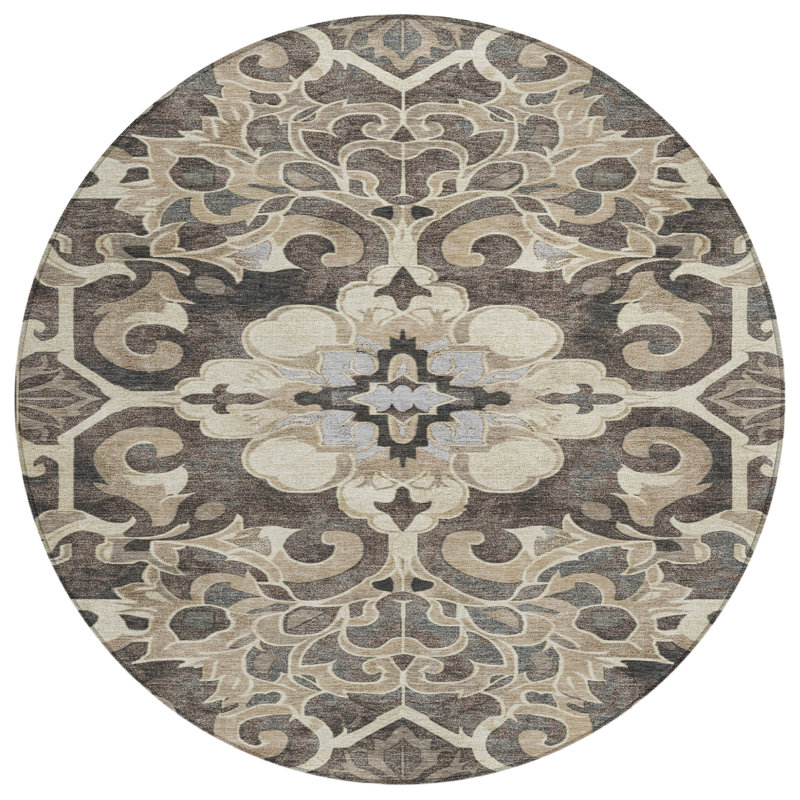 Machine Washable Indoor/Outdoor Xhevrie Chocolate Rug, Round 8'