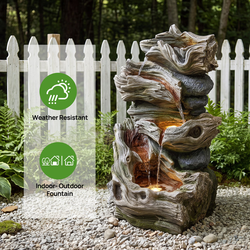 Outdoor/Indoor Rustic Water Fountain with LED Light, Multi-Tier Resin Tabletop Waterfall for Home & Office