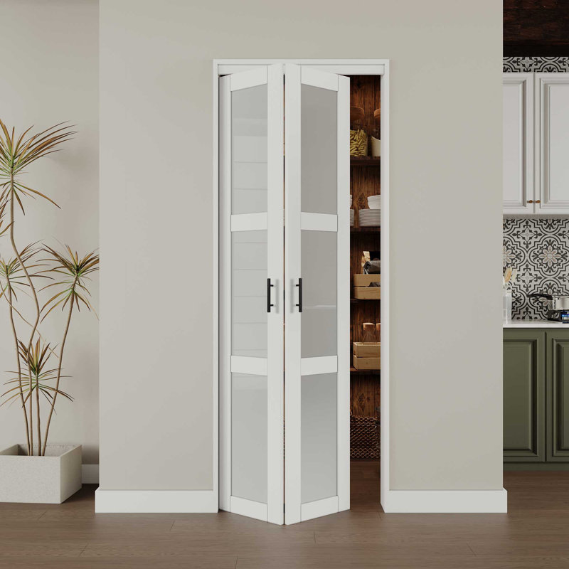 30 in x 80 in White Finished MDF Bi-Fold Door with Frosted Glass