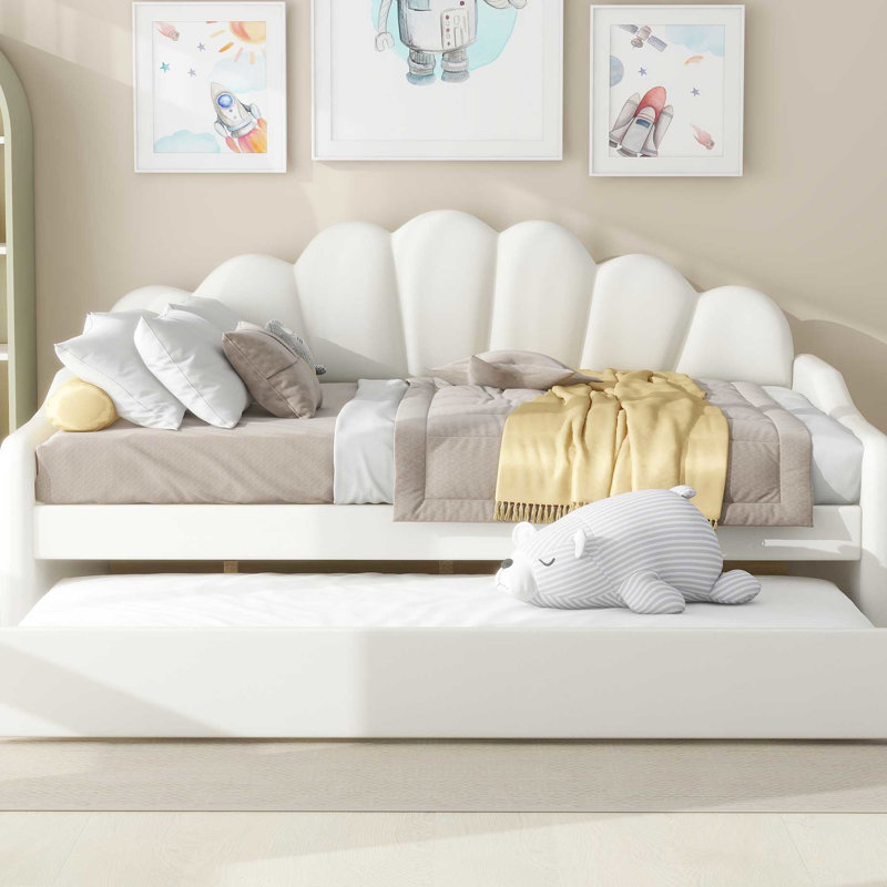 Full Size Daybed With Velvet Covering And Trundle In White - Chic Design, Frame, Versatile Living Room Essential Upholstered Comfortable Padding Elegant Stitching, Strong Construction, Multipurpose