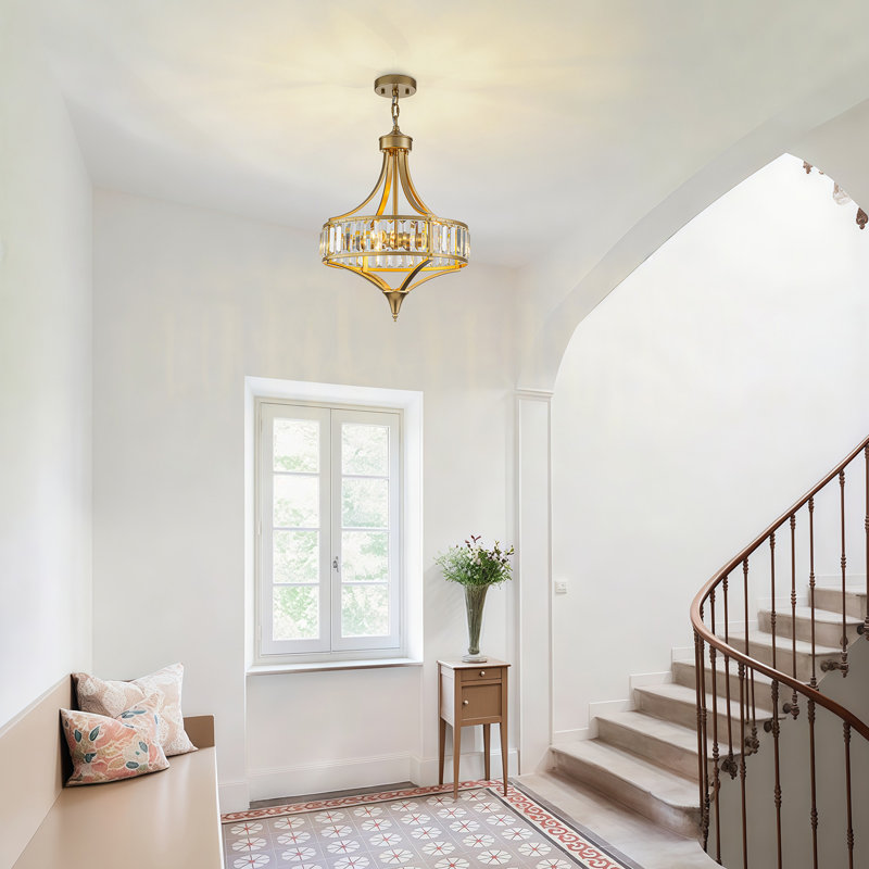 4 Light Crystal Drum Semi Flush Mount, Gold