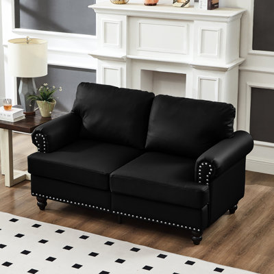 59,5 po Classic en cuir de vache noir, accoudoir rond cloué, structure en bois massif et contreplaqué, siège en éponge à ressorts, coussin amovible, compartiment de rangement du siège en cuir de vache rembourré moderne, accoudoir décoré de