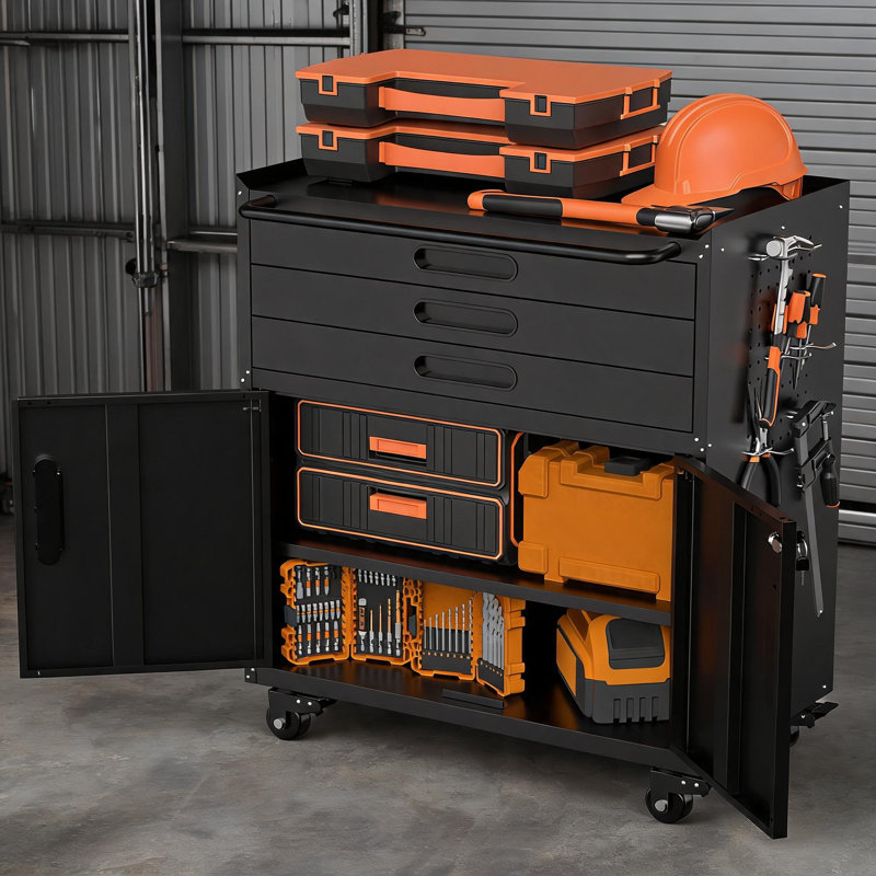 Armoire à outils mobile robuste en métal avec portes verrouillables et trois tiroirs. Il peut être utilisé comme établi et convient aux garages, aux studios et aux espaces de rangement.