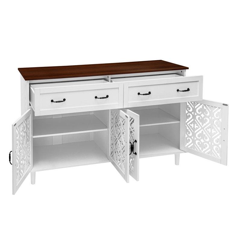 Vintage Sideboard Buffet Cabinet With Hand-Carved Geometric Doors, Distressed Light Wood Finish, And Ample Storage For Dining Essentials