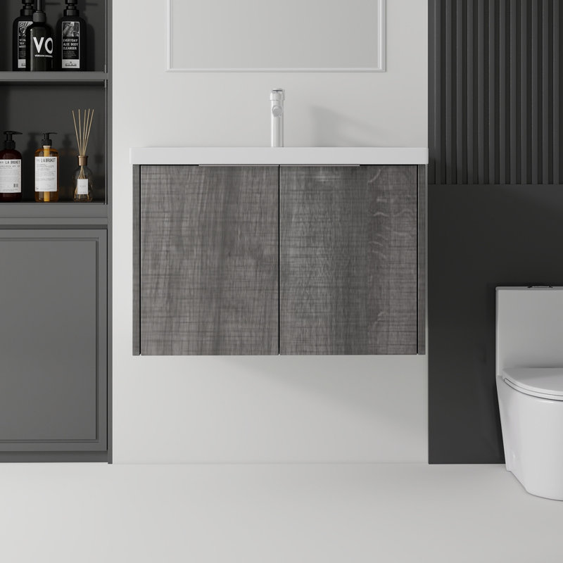 Meuble-lavabo flottant avec lavabo, Gris clair, L 36 po