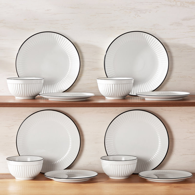 Piece Porcelain China Dinnerware Set - Service for 4, White/Black