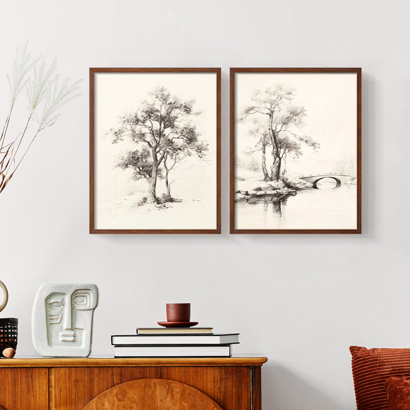 «Vintage Landscape V», impression giclée sur cadre - ensemble de 2, Noyer, H 12 po x l 30 po