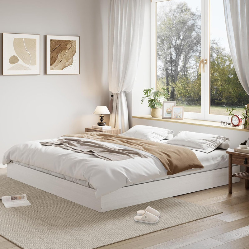 Platform Bed Frame, Solid Wood Slat Construction, California King Size Floor Bed, Modern Minimalist Bedroom Use