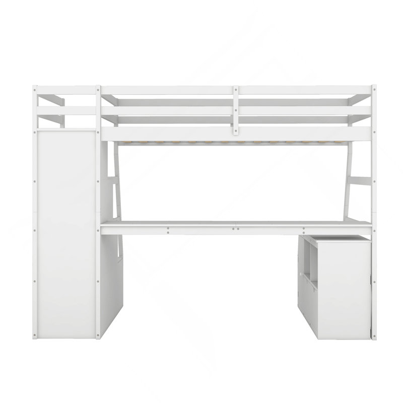 Lit mezzanine avec 7 tiroirs, 2 tablettes et un bureau, Blanc