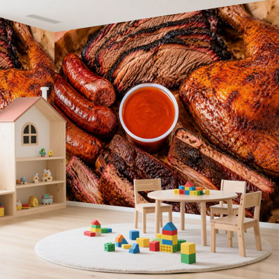 Papier peint adhésif à peler et coller pour barbecue Table de bœuf à tartiner de bœuf, de poulet, de porc, de bœuf, de bœuf, de papier autocollant amovible et de contact mural pour le salon Chambre à coucher H 100 po x l 144 po