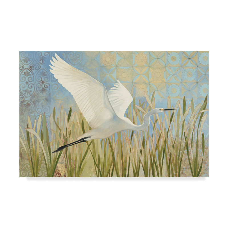 Bohemian Egret in Flight Canvas Art with Blue and Beige Patterns